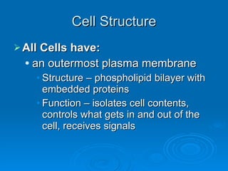 Cell Structure All Cells have: an outermost plasma membrane Structure – phospholipid bilayer with embedded proteins Function – isolates cell contents, controls what gets in and out of the cell, receives signals 