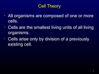 Cell Theory
•

•

•

All organisms are composed of one or more
cells.
Cells are the smallest living units of all living
organisms.
Cells arise only by division of a previously
existing cell.

2

 