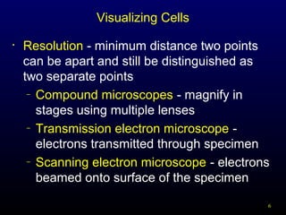Visualizing Cells
•

Resolution - minimum distance two points
can be apart and still be distinguished as
two separate points
– Compound microscopes - magnify in
stages using multiple lenses
– Transmission electron microscope electrons transmitted through specimen
– Scanning electron microscope - electrons
beamed onto surface of the specimen
6

 