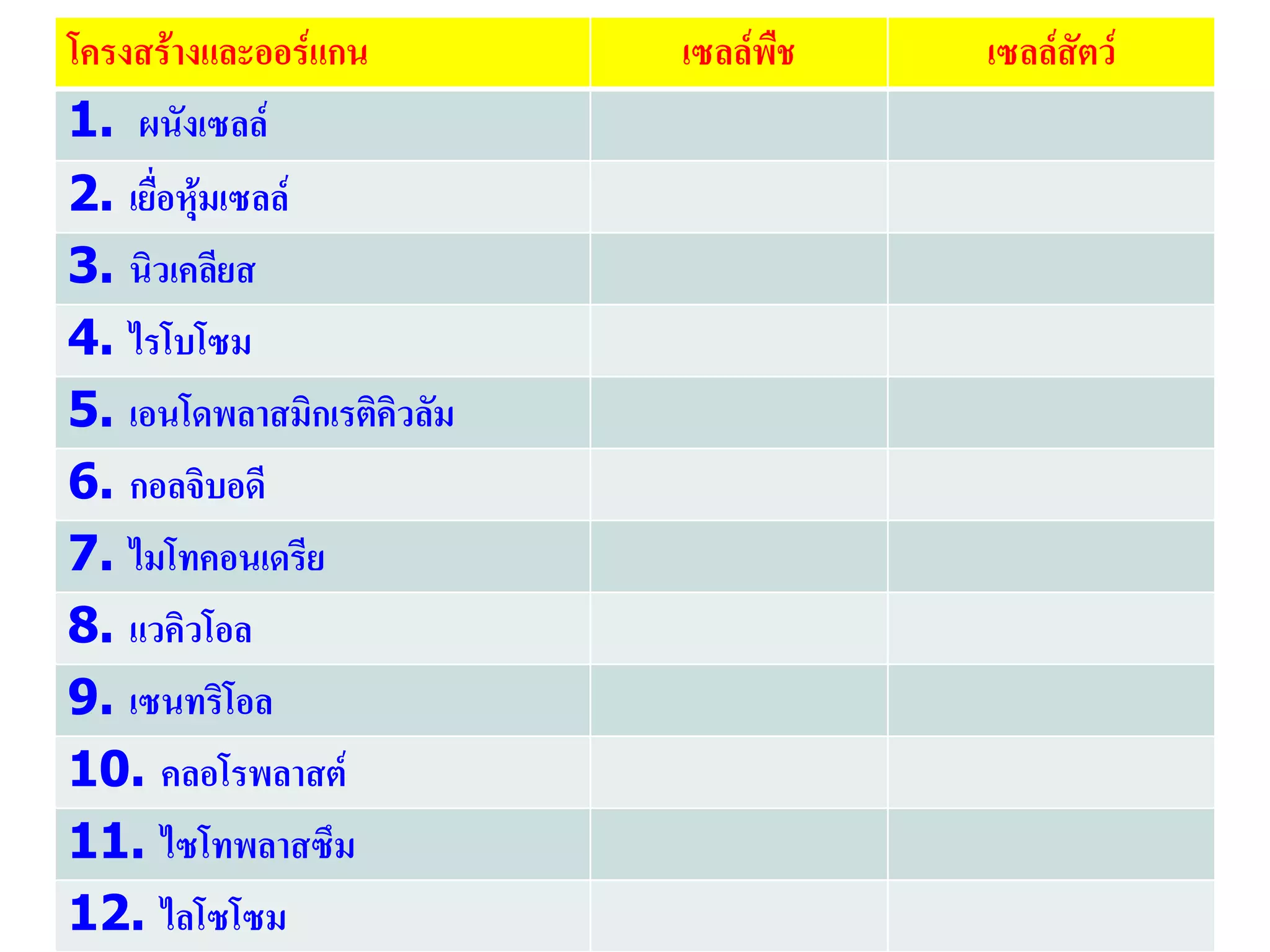 โครงสร้างและออร์แกน เซลล์พืช เซลล์สัตว์
1. ผนังเซลล์
2. เยื่อหุ้มเซลล์
3. นิวเคลียส
4. ไรโบโซม
5. เอนโดพลาสมิกเรติคิวลัม
6. กอลจิบอดี
7. ไมโทคอนเดรีย
8. แวคิวโอล
9. เซนทริโอล
10. คลอโรพลาสต์
11. ไซโทพลาสซึม
12. ไลโซโซม
 