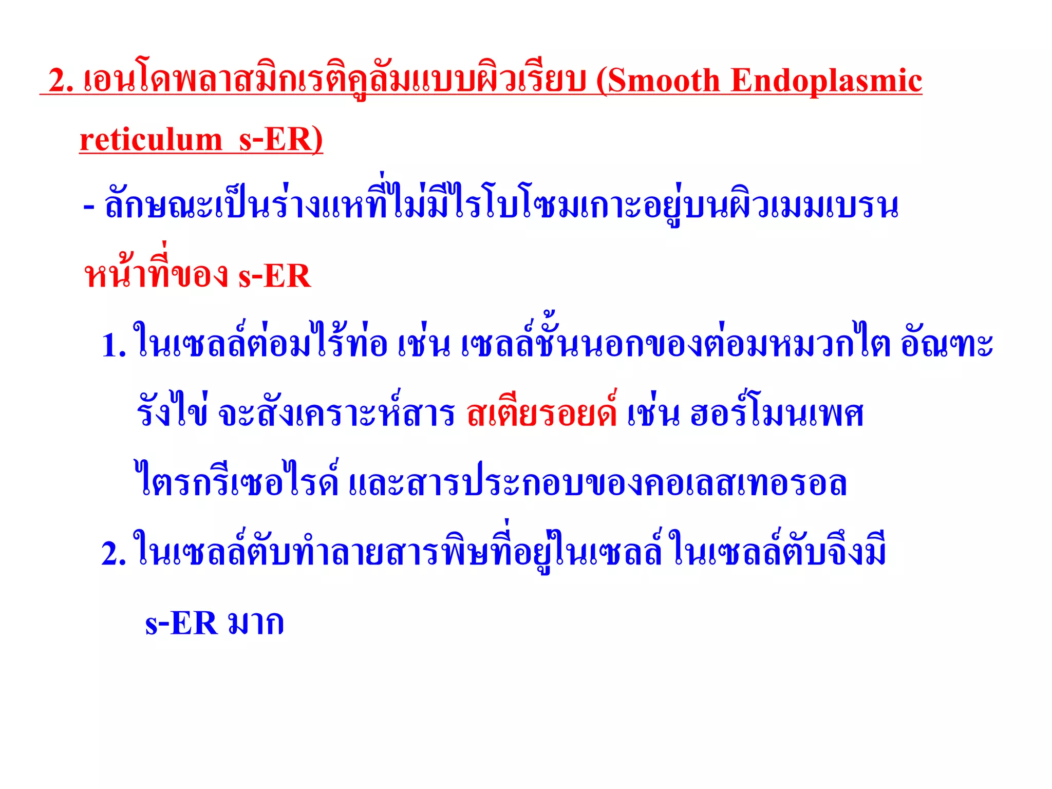 2. เอนโดพลาสมิกเรติคูลัมแบบผิวเรียบ (Smooth Endoplasmic
reticulum s-ER)
- ลักษณะเป็นร่างแหที่ไม่มีไรโบโซมเกาะอยู่บนผิวเมมเบรน
หน้าที่ของ s-ER
1. ในเซลล์ต่อมไร้ท่อ เช่น เซลล์ชั้นนอกของต่อมหมวกไต อัณฑะ
รังไข่ จะสังเคราะห์สาร สเตียรอยด์ เช่น ฮอร์โมนเพศ
ไตรกรีเซอไรด์ และสารประกอบของคอเลสเทอรอล
2. ในเซลล์ตับทาลายสารพิษที่อยู่ในเซลล์ ในเซลล์ตับจึงมี
s-ER มาก
 