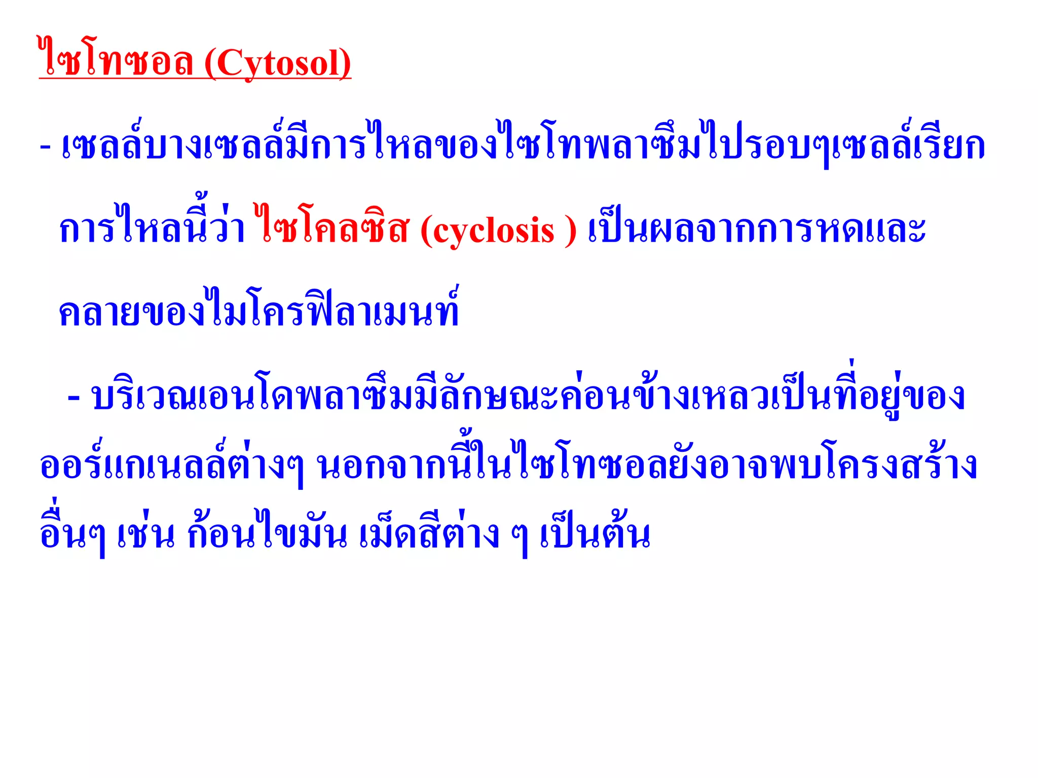 ไซโทซอล (Cytosol)
- เซลล์บางเซลล์มีการไหลของไซโทพลาซึมไปรอบๆเซลล์เรียก
การไหลนี้ว่า ไซโคลซิส (cyclosis ) เป็นผลจากการหดและ
คลายของไมโครฟิลาเมนท์
- บริเวณเอนโดพลาซึมมีลักษณะค่อนข้างเหลวเป็นที่อยู่ของ
ออร์แกเนลล์ต่างๆ นอกจากนี้ในไซโทซอลยังอาจพบโครงสร้าง
อื่นๆ เช่น ก้อนไขมัน เม็ดสีต่าง ๆ เป็นต้น
 