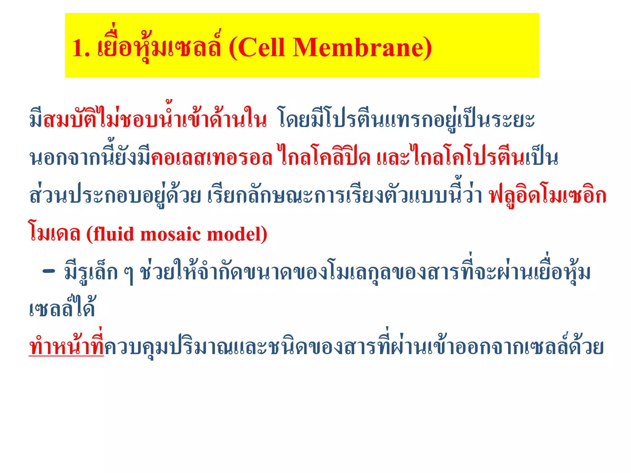 มีสมบัติไม่ชอบน้าเข้าด้านใน โดยมีโปรตีนแทรกอยู่เป็นระยะ
นอกจากนี้ยังมีคอเลสเทอรอล ไกลโคลิปิด และไกลโคโปรตีนเป็น
ส่วนประกอบอยู่ด้วย เรียกลักษณะการเรียงตัวแบบนี้ว่า ฟลูอิดโมเซอิก
โมเดล (fluid mosaic model)
- มีรูเล็ก ๆ ช่วยให้จากัดขนาดของโมเลกุลของสารที่จะผ่านเยื่อหุ้ม
เซลล์ได้
ทาหน้าที่ควบคุมปริมาณและชนิดของสารที่ผ่านเข้าออกจากเซลล์ด้วย
1. เยื่อหุ้มเซลล์ (Cell Membrane)
 