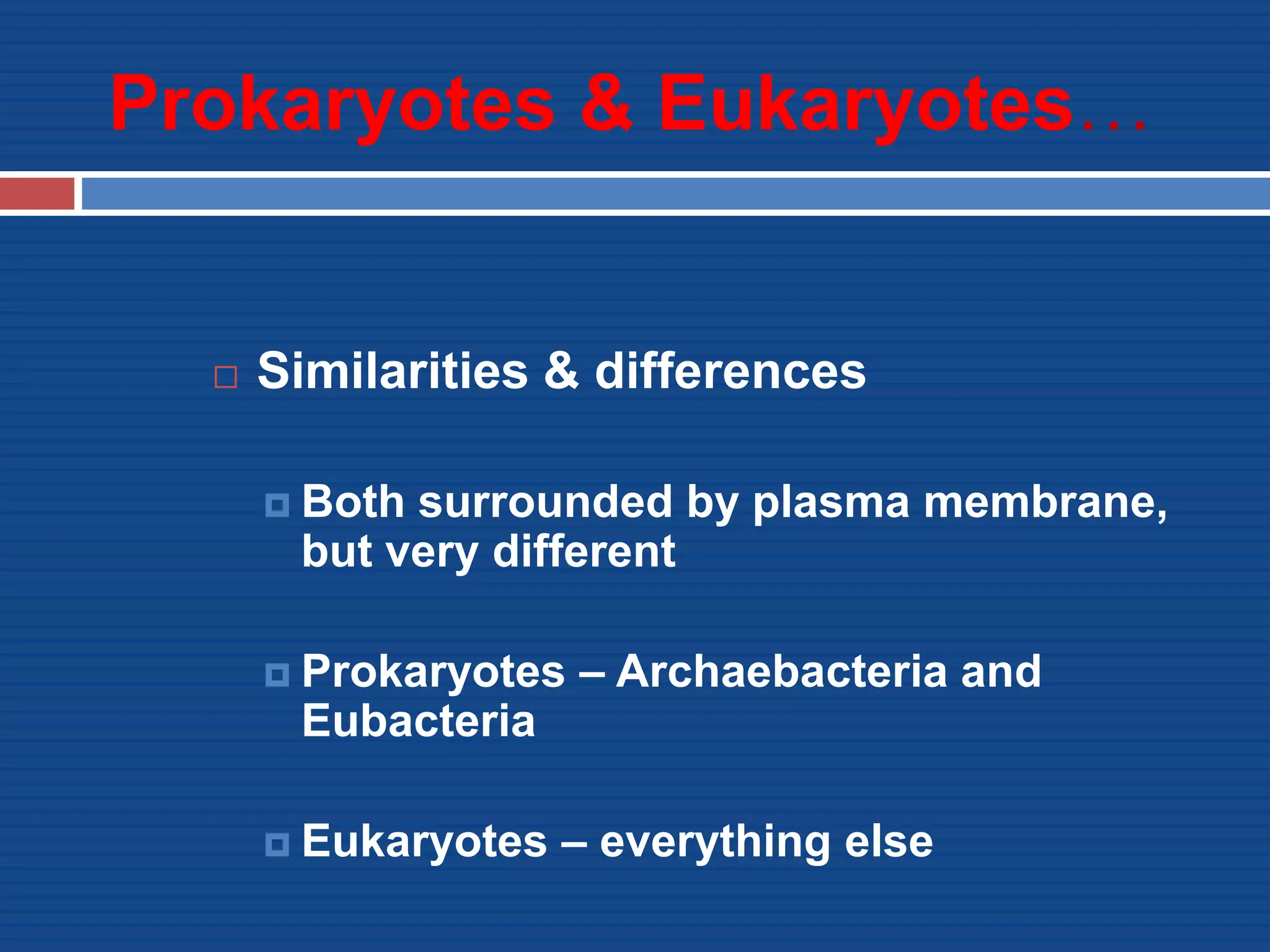 Prokaryotes & Eukaryotes…
 Similarities & differences
 Both surrounded by plasma membrane,
but very different
 Prokaryotes – Archaebacteria and
Eubacteria
 Eukaryotes – everything else
 