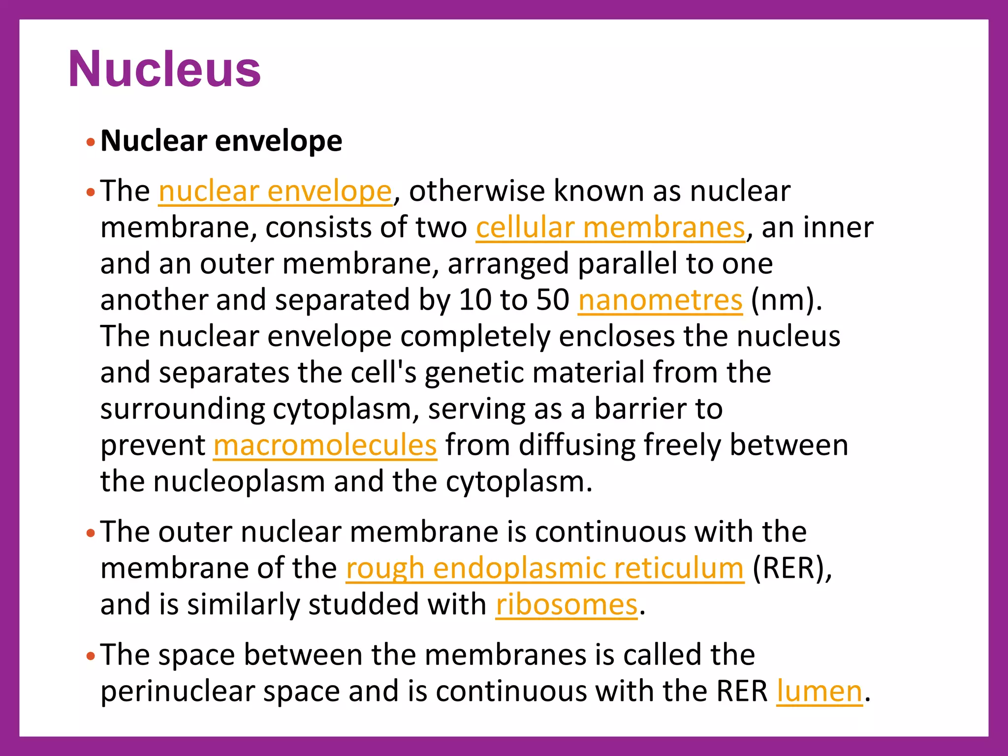 •Nuclear envelope
•The nuclear envelope, otherwise known as nuclear
membrane, consists of two cellular membranes, an inner
and an outer membrane, arranged parallel to one
another and separated by 10 to 50 nanometres (nm).
The nuclear envelope completely encloses the nucleus
and separates the cell's genetic material from the
surrounding cytoplasm, serving as a barrier to
prevent macromolecules from diffusing freely between
the nucleoplasm and the cytoplasm.
•The outer nuclear membrane is continuous with the
membrane of the rough endoplasmic reticulum (RER),
and is similarly studded with ribosomes.
•The space between the membranes is called the
perinuclear space and is continuous with the RER lumen.
Nucleus
 