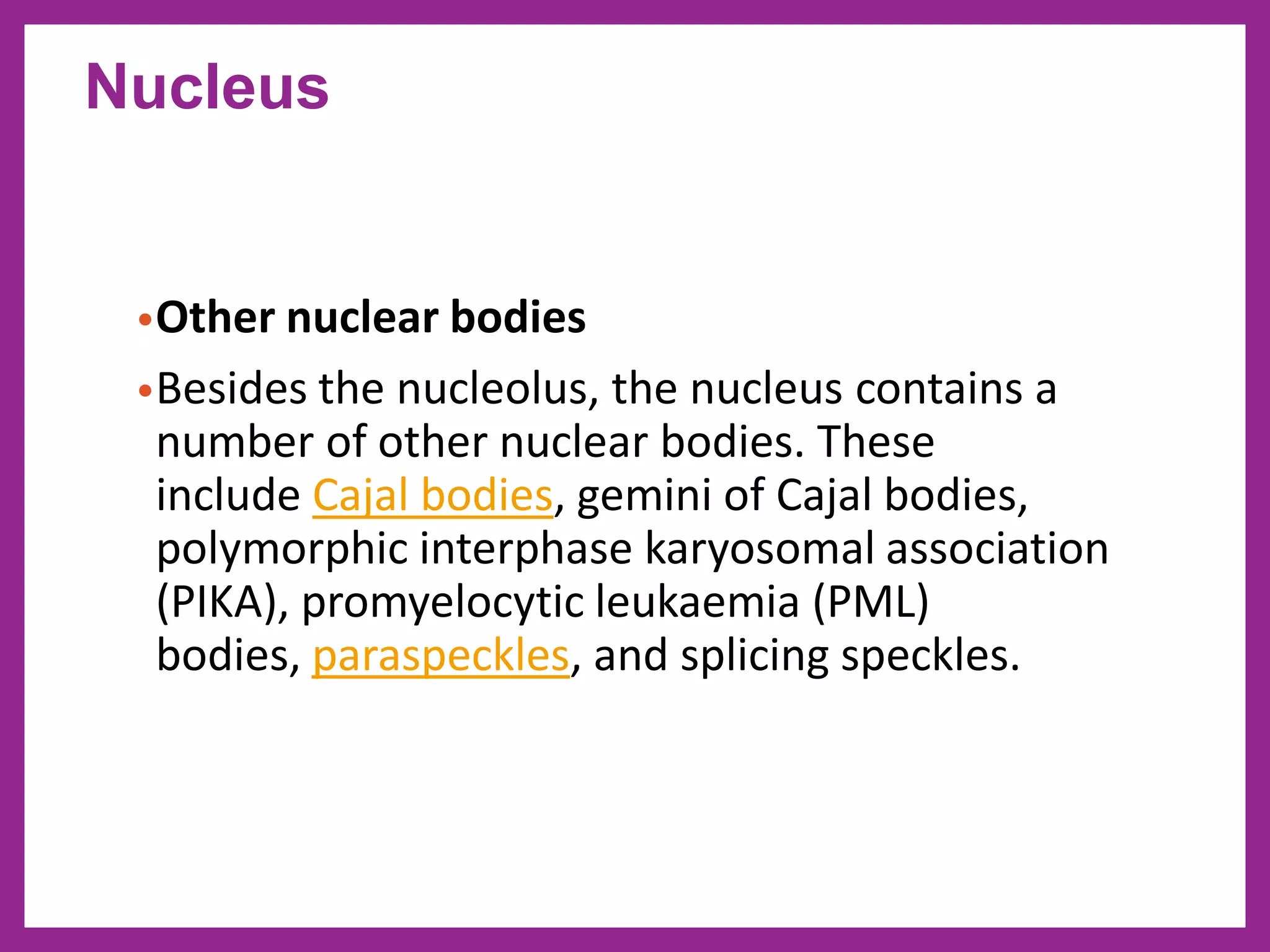 •Other nuclear bodies
•Besides the nucleolus, the nucleus contains a
number of other nuclear bodies. These
include Cajal bodies, gemini of Cajal bodies,
polymorphic interphase karyosomal association
(PIKA), promyelocytic leukaemia (PML)
bodies, paraspeckles, and splicing speckles.
Nucleus
 