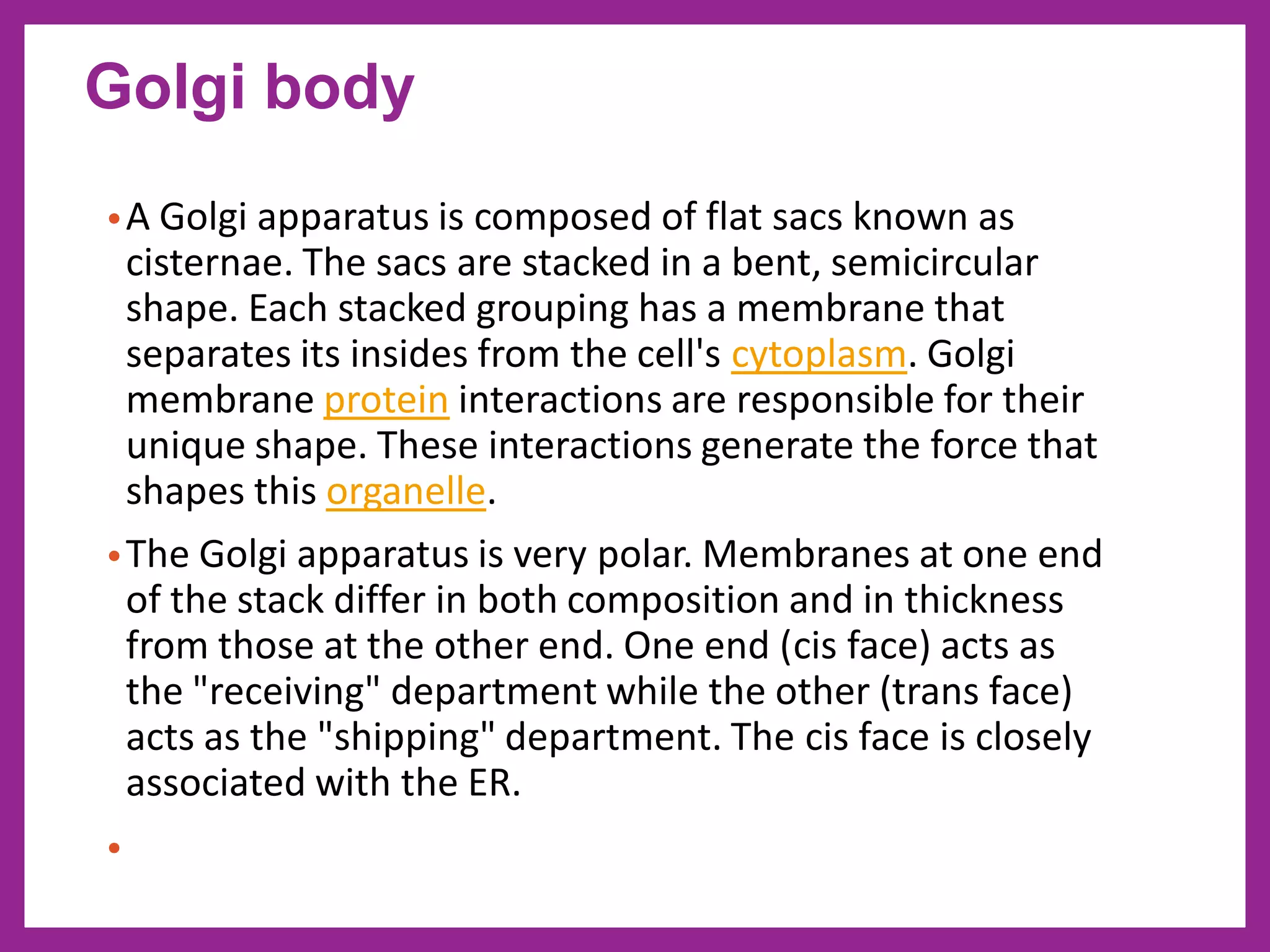 •A Golgi apparatus is composed of flat sacs known as
cisternae. The sacs are stacked in a bent, semicircular
shape. Each stacked grouping has a membrane that
separates its insides from the cell's cytoplasm. Golgi
membrane protein interactions are responsible for their
unique shape. These interactions generate the force that
shapes this organelle.
•The Golgi apparatus is very polar. Membranes at one end
of the stack differ in both composition and in thickness
from those at the other end. One end (cis face) acts as
the "receiving" department while the other (trans face)
acts as the "shipping" department. The cis face is closely
associated with the ER.
•
Golgi body
 
