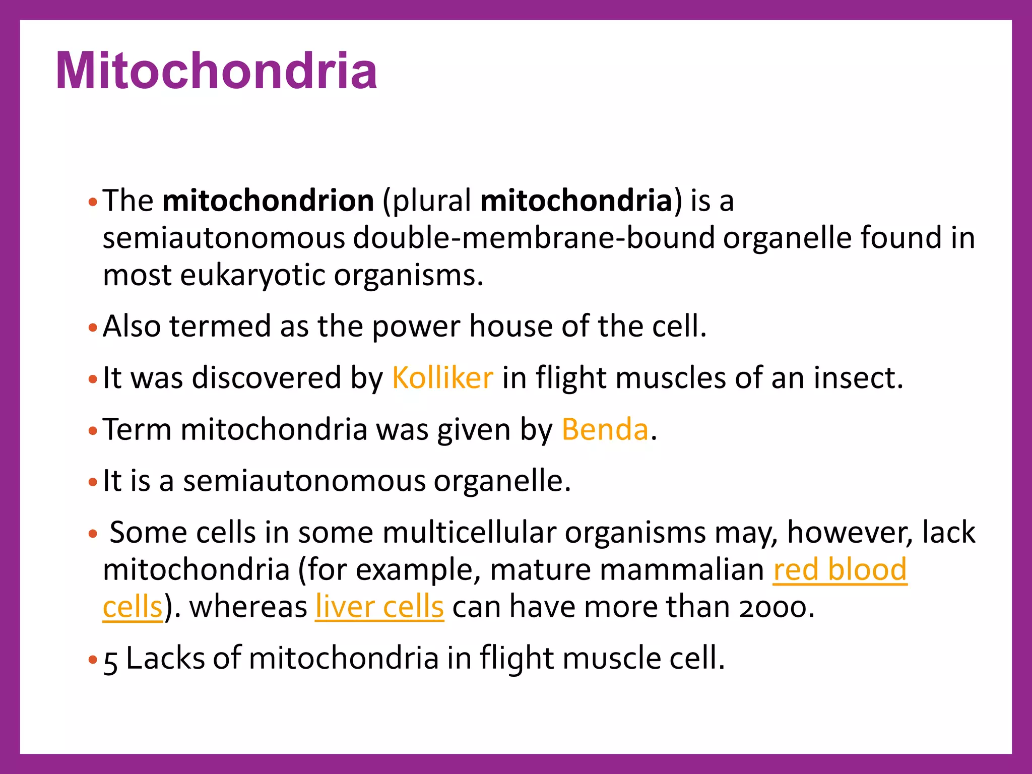 •The mitochondrion (plural mitochondria) is a
semiautonomous double-membrane-bound organelle found in
most eukaryotic organisms.
•Also termed as the power house of the cell.
•It was discovered by Kolliker in flight muscles of an insect.
•Term mitochondria was given by Benda.
•It is a semiautonomous organelle.
• Some cells in some multicellular organisms may, however, lack
mitochondria (for example, mature mammalian red blood
cells). whereas liver cells can have more than 2000.
•5 Lacks of mitochondria in flight muscle cell.
Mitochondria
 