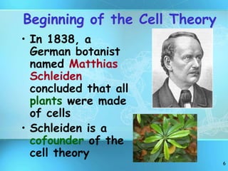 6
Beginning of the Cell Theory
• In 1838, a
German botanist
named Matthias
Schleiden
concluded that all
plants were made
of cells
• Schleiden is a
cofounder of the
cell theory
 