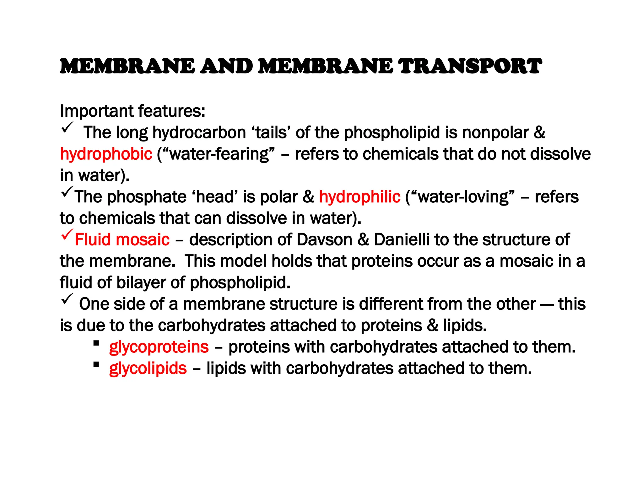 MEMBRANE AND MEMBRANE TRANSPORT
Important features:
 The long hydrocarbon ‘tails’ of the phospholipid is nonpolar &
hydrophobic (“water-fearing” – refers to chemicals that do not dissolve
in water).
The phosphate ‘head’ is polar & hydrophilic (“water-loving” – refers
to chemicals that can dissolve in water).
Fluid mosaic – description of Davson & Danielli to the structure of
the membrane. This model holds that proteins occur as a mosaic in a
fluid of bilayer of phospholipid.
 One side of a membrane structure is different from the other --- this
is due to the carbohydrates attached to proteins & lipids.
 glycoproteins – proteins with carbohydrates attached to them.
 glycolipids – lipids with carbohydrates attached to them.
 