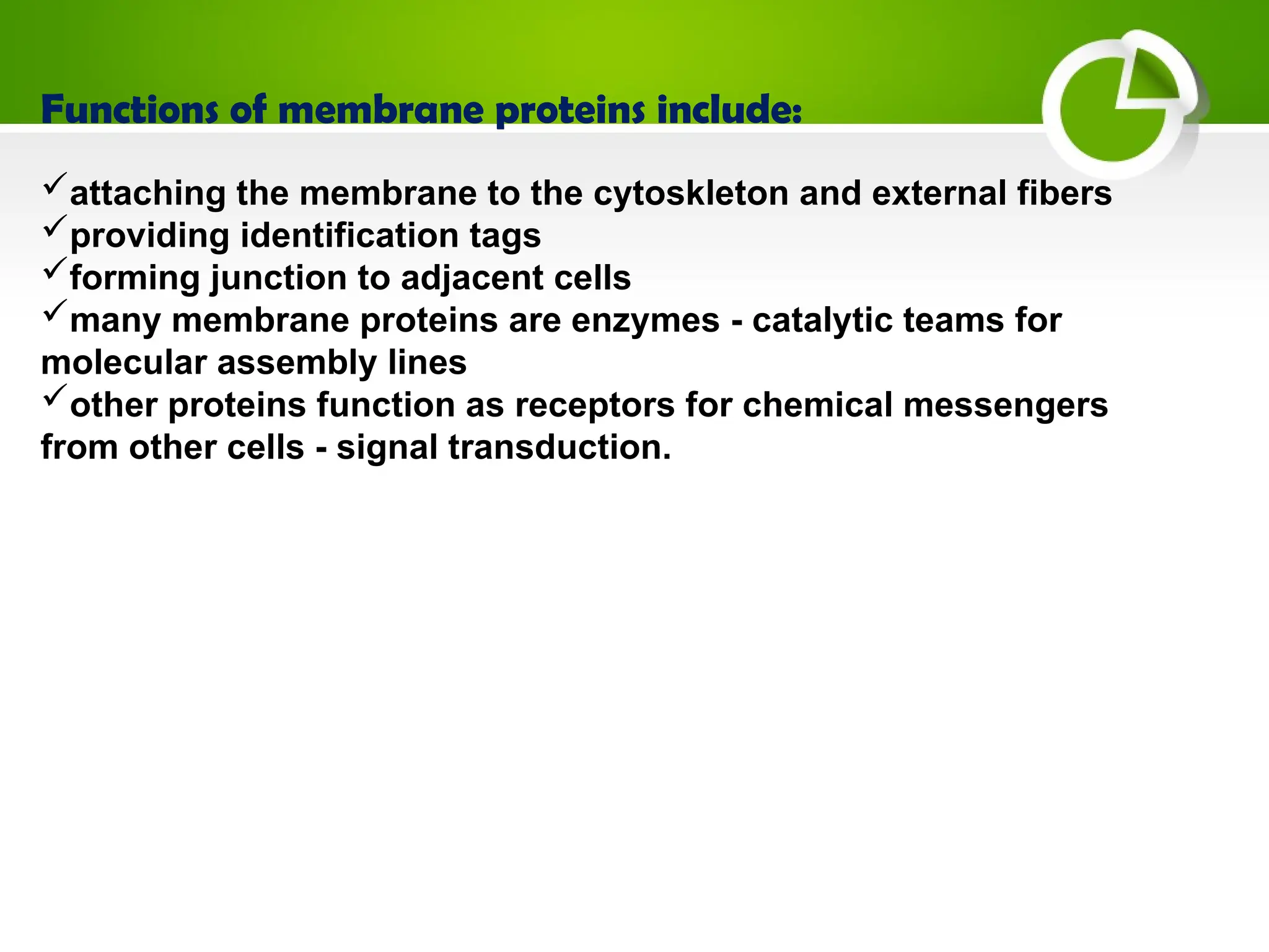 Functions of membrane proteins include:
attaching the membrane to the cytoskleton and external fibers
providing identification tags
forming junction to adjacent cells
many membrane proteins are enzymes - catalytic teams for
molecular assembly lines
other proteins function as receptors for chemical messengers
from other cells - signal transduction.
 