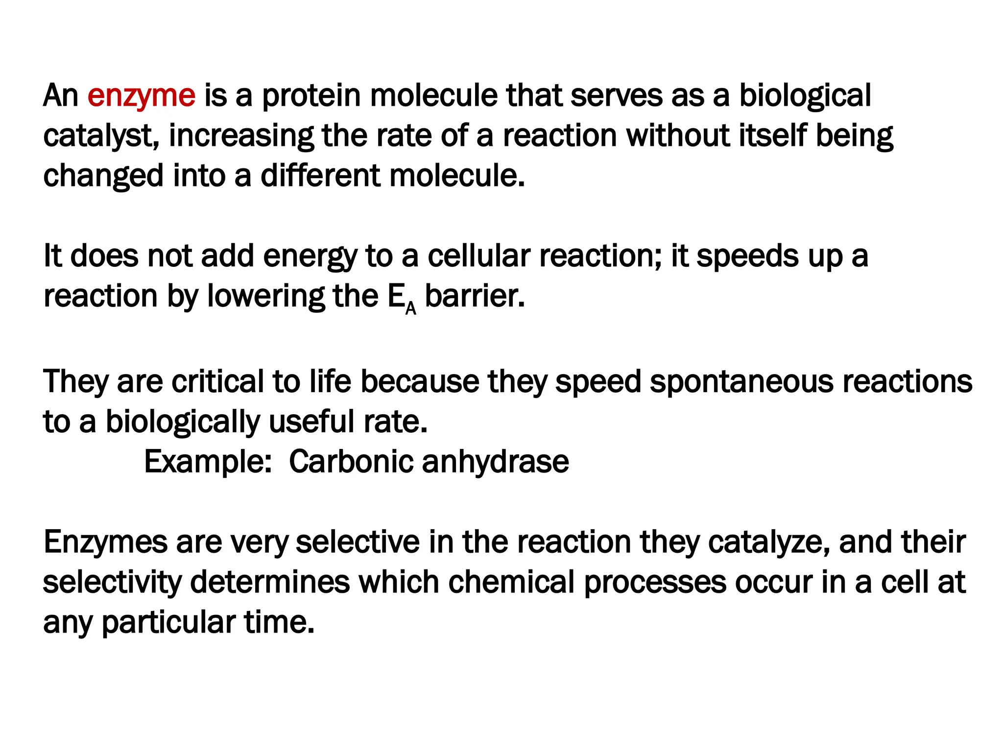 An enzyme is a protein molecule that serves as a biological
catalyst, increasing the rate of a reaction without itself being
changed into a different molecule.
It does not add energy to a cellular reaction; it speeds up a
reaction by lowering the EA barrier.
They are critical to life because they speed spontaneous reactions
to a biologically useful rate.
Example: Carbonic anhydrase
Enzymes are very selective in the reaction they catalyze, and their
selectivity determines which chemical processes occur in a cell at
any particular time.
 