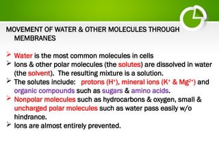 MOVEMENT OF WATER & OTHER MOLECULES THROUGH
MEMBRANES
 Water is the most common molecules in cells
 Ions & other polar molecules (the solutes) are dissolved in water
(the solvent). The resulting mixture is a solution.
 The solutes include: protons (H+
), mineral ions (K+
& Mg2+
) and
organic compounds such as sugars & amino acids.
 Nonpolar molecules such as hydrocarbons & oxygen, small &
uncharged polar molecules such as water pass easily w/o
hindrance.
 Ions are almost entirely prevented.
 
