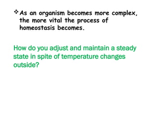 As an organism becomes more complex,
the more vital the process of
homeostasis becomes.
How do you adjust and maintain a steady
state in spite of temperature changes
outside?
 