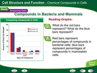 Compounds in Bacteria and Mammals Red bars represent percentages of compounds in bacterial cells; blue bars represent percentages of compounds in mammalian cells. Reading Graphs: What do the red bars represent? What do the blue bars represent? - Chemical Compounds in Cells 