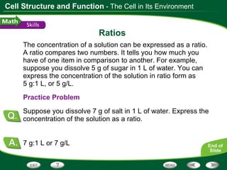 Ratios  The concentration of a solution can be expressed as a ratio. A ratio compares two numbers. It tells you how much you have of one item in comparison to another. For example, suppose you dissolve 5 g of sugar in 1 L of water. You can express the concentration of the solution in ratio form as 5 g:1 L, or 5 g/L. Practice Problem Suppose you dissolve 7 g of salt in 1 L of water. Express the concentration of the solution as a ratio. 7 g:1 L or 7 g/L - The Cell in Its Environment 