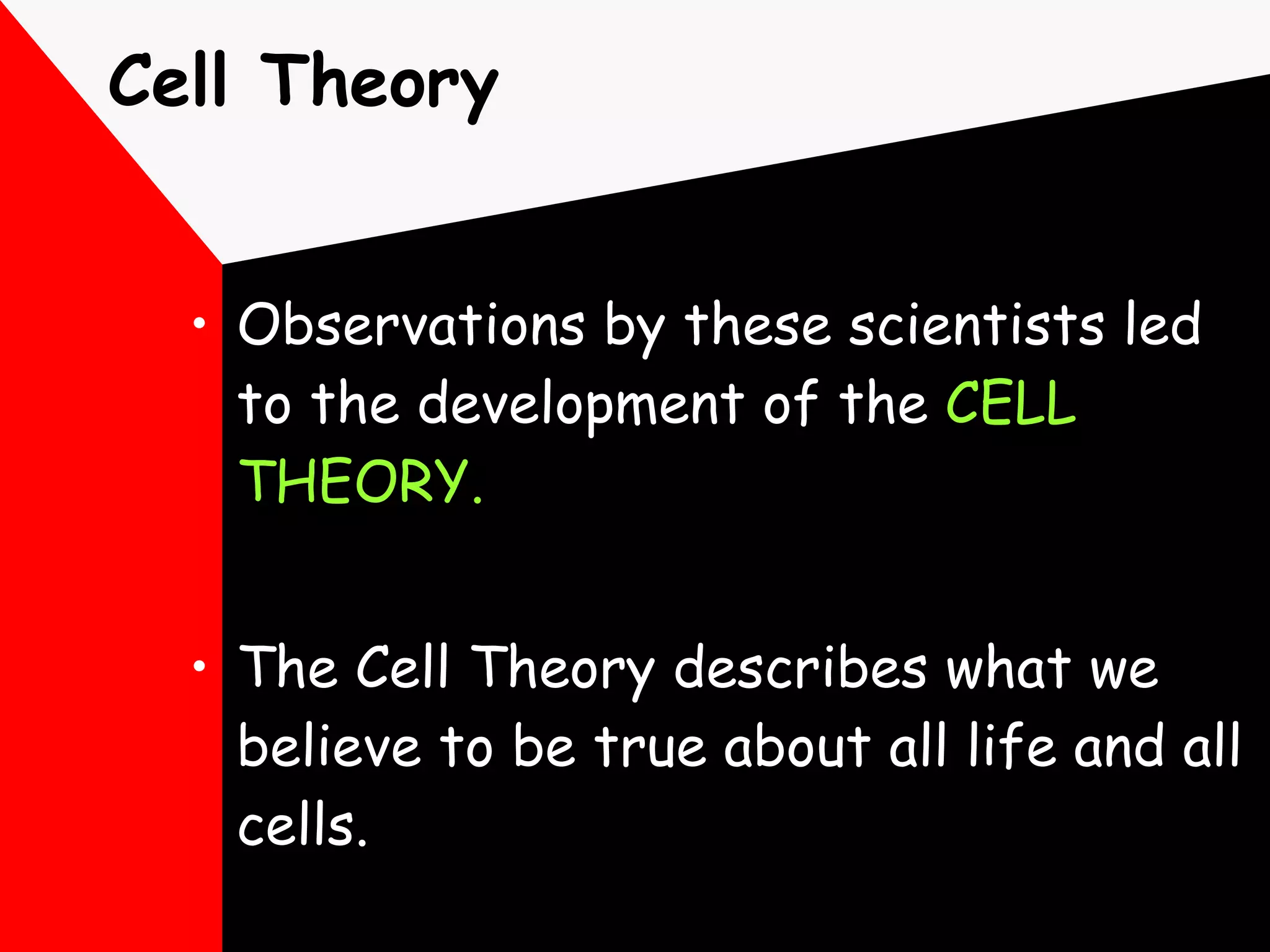Cell Theory Observations by these scientists led to the development of the  CELL THEORY. The Cell Theory describes what we believe to be true about all life and all cells. 