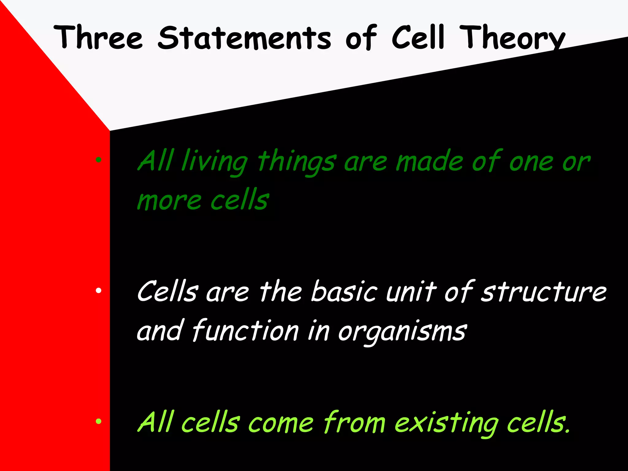 Three Statements of Cell Theory All living things are made of one or more cells Cells are the basic unit of structure and function in organisms All cells come from existing cells. 