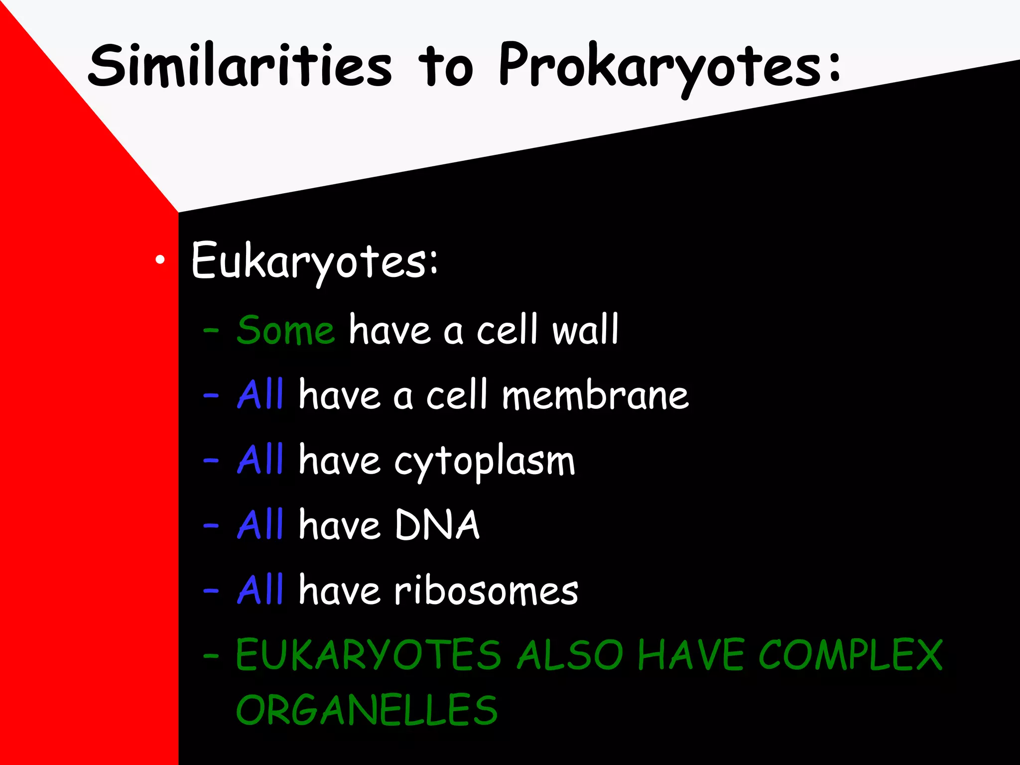Similarities to Prokaryotes: Eukaryotes: Some  have a cell wall All  have a cell membrane All  have cytoplasm All  have DNA All  have ribosomes EUKARYOTES ALSO HAVE COMPLEX ORGANELLES 