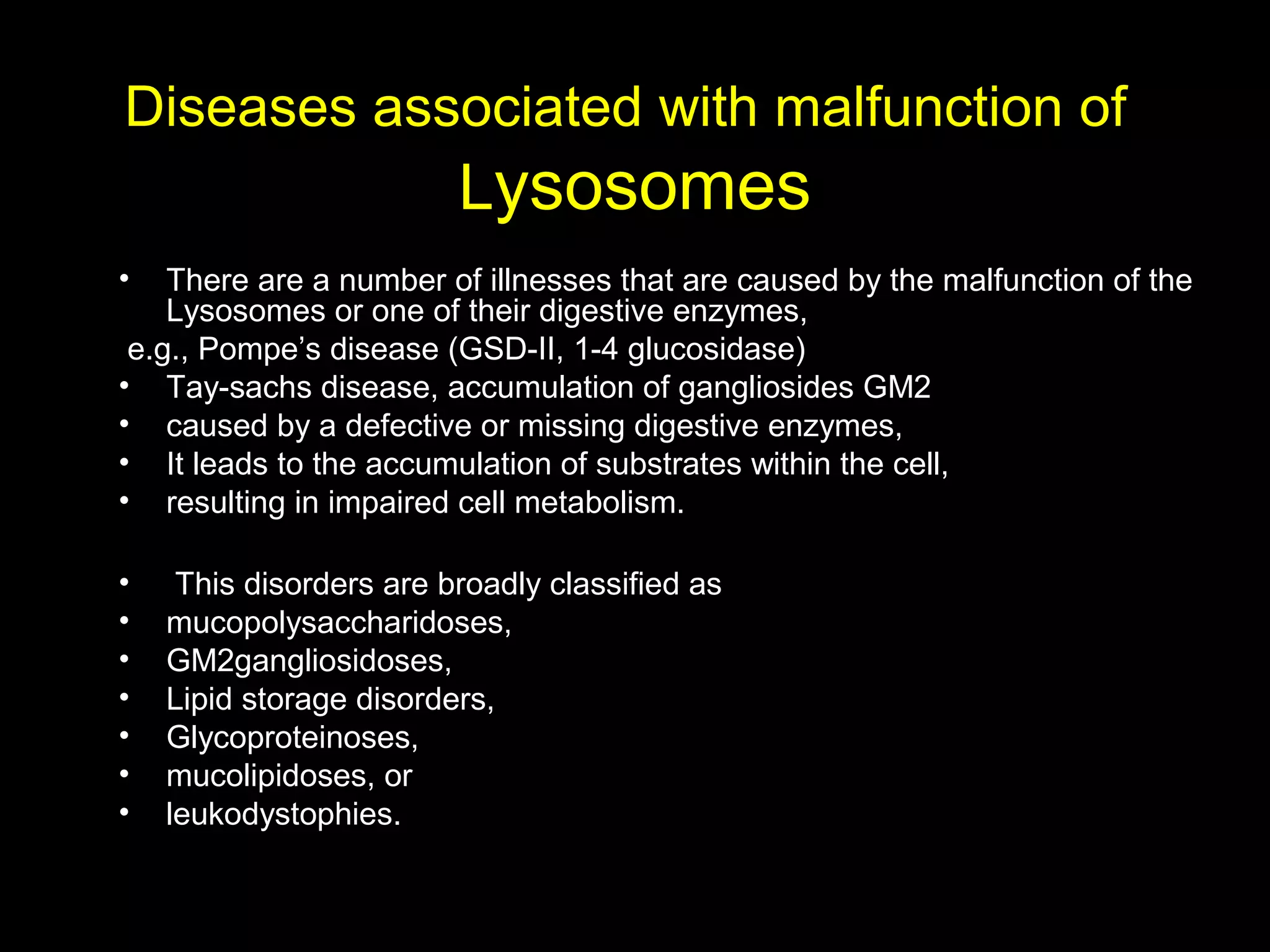 Diseases associated with malfunction of
Lysosomes
• There are a number of illnesses that are caused by the malfunction of the
Lysosomes or one of their digestive enzymes,
e.g., Pompe’s disease (GSD-II, 1-4 glucosidase)
• Tay-sachs disease, accumulation of gangliosides GM2
• caused by a defective or missing digestive enzymes,
• It leads to the accumulation of substrates within the cell,
• resulting in impaired cell metabolism.
• This disorders are broadly classified as
• mucopolysaccharidoses,
• GM2gangliosidoses,
• Lipid storage disorders,
• Glycoproteinoses,
• mucolipidoses, or
• leukodystophies.
 