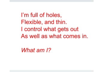 I’m full of holes,
Flexible, and thin.
I control what gets out
As well as what comes in.
What am I?
 