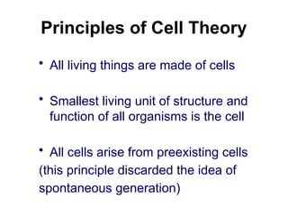 Principles of Cell Theory
• All living things are made of cells
• Smallest living unit of structure and
function of all organisms is the cell
• All cells arise from preexisting cells
(this principle discarded the idea of
spontaneous generation)
 