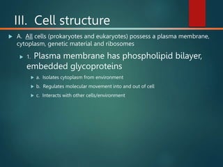 III. Cell structure
 A. All cells (prokaryotes and eukaryotes) possess a plasma membrane,
cytoplasm, genetic material and ribosomes
 1. Plasma membrane has phospholipid bilayer,
embedded glycoproteins
 a. Isolates cytoplasm from environment
 b. Regulates molecular movement into and out of cell
 c. Interacts with other cells/environment
 