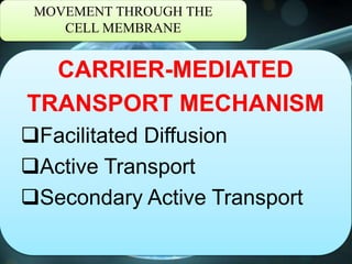 MOVEMENT THROUGH THE
CELL MEMBRANE
CARRIER-MEDIATED
TRANSPORT MECHANISM
Facilitated Diffusion
Active Transport
Secondary Active Transport
 