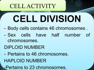 CELL ACTIVITY
CELL DIVISION
- Body cells contains 46 chromosomes .
- Sex cells have half number of
chromosomes.
DIPLOID NUMBER
- Pertains to 46 chromosomes.
HAPLOID NUMBER
-Pertains to 23 chromosomes.
 