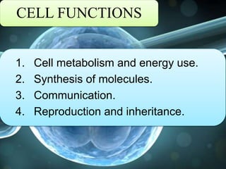 CELL FUNCTIONS
1. Cell metabolism and energy use.
2. Synthesis of molecules.
3. Communication.
4. Reproduction and inheritance.
 
