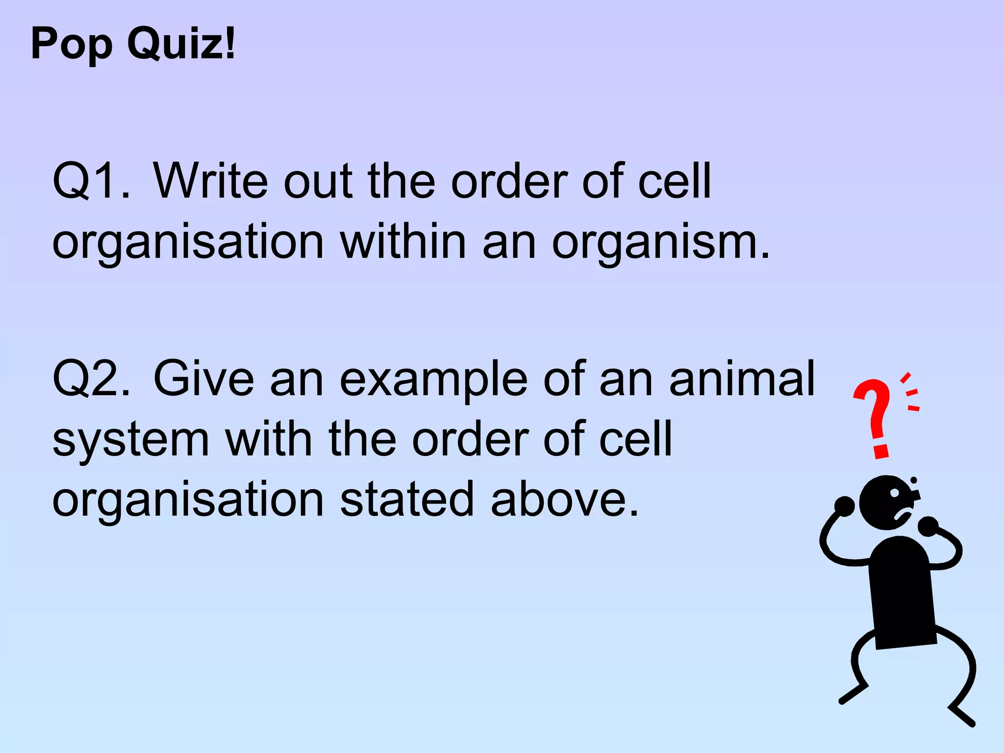 Pop Quiz! Q1.  Write out the order of cell  organisation within an organism. Q2. Give an example of an animal  system with the order of cell  organisation stated above. 