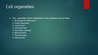 Cell organelles
 The organelles which embedded in the cytoplasm are as follws:
1. Endoplasmic Reticulum
2. Golgi Apparatus
3. Lysosomes
4. Centrosomes
5. Secretary vesicles
6. Mitochondria
7. Peroxisomes
8. Ribosomes
 