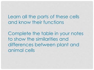 Learn all the parts of these cells
and know their functions
Complete the table in your notes
to show the similarities and
differences between plant and
animal cells
 