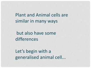 Plant and Animal cells are
similar in many ways
but also have some
differences
Let’s begin with a
generalised animal cell...
 
