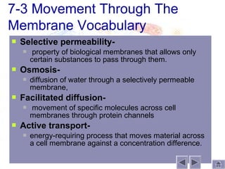 7-3 Movement Through The
Membrane Vocabulary
   Selective permeability-
        property of biological membranes that allows only
        certain substances to pass through them.
   Osmosis-
       diffusion of water through a selectively permeable
        membrane,
   Facilitated diffusion-
       movement of specific molecules across cell
        membranes through protein channels
   Active transport-
       energy-requiring process that moves material across
        a cell membrane against a concentration difference.
 