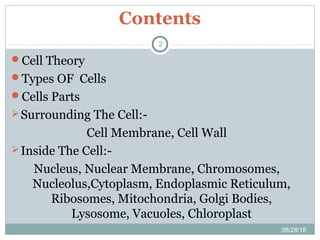 Contents
Cell Theory
Types OF Cells
Cells Parts
Surrounding The Cell:-
Cell Membrane, Cell Wall
Inside The Cell:-
Nucleus, Nuclear Membrane, Chromosomes,
Nucleolus,Cytoplasm, Endoplasmic Reticulum,
Ribosomes, Mitochondria, Golgi Bodies,
Lysosome, Vacuoles, Chloroplast
08/28/18
2
 