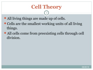 Cell Theory
All living things are made up of cells.
Cells are the smallest working units of all living
things.
All cells come from preexisting cells through cell
division.
08/28/18
3
 