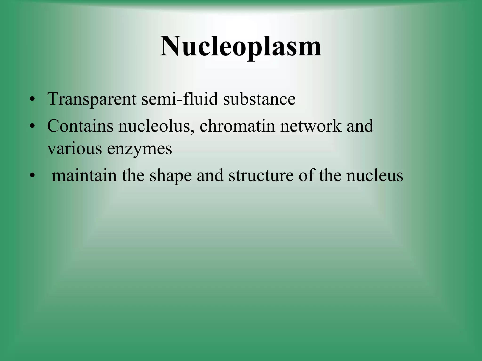 Nucleoplasm
• Transparent semi-fluid substance
• Contains nucleolus, chromatin network and
various enzymes
• maintain the shape and structure of the nucleus
 