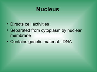 Nucleus
• Directs cell activities
• Separated from cytoplasm by nuclear
membrane
• Contains genetic material - DNA
 