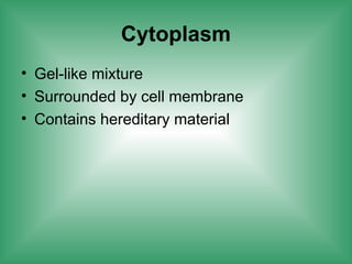 Cytoplasm
• Gel-like mixture
• Surrounded by cell membrane
• Contains hereditary material
 