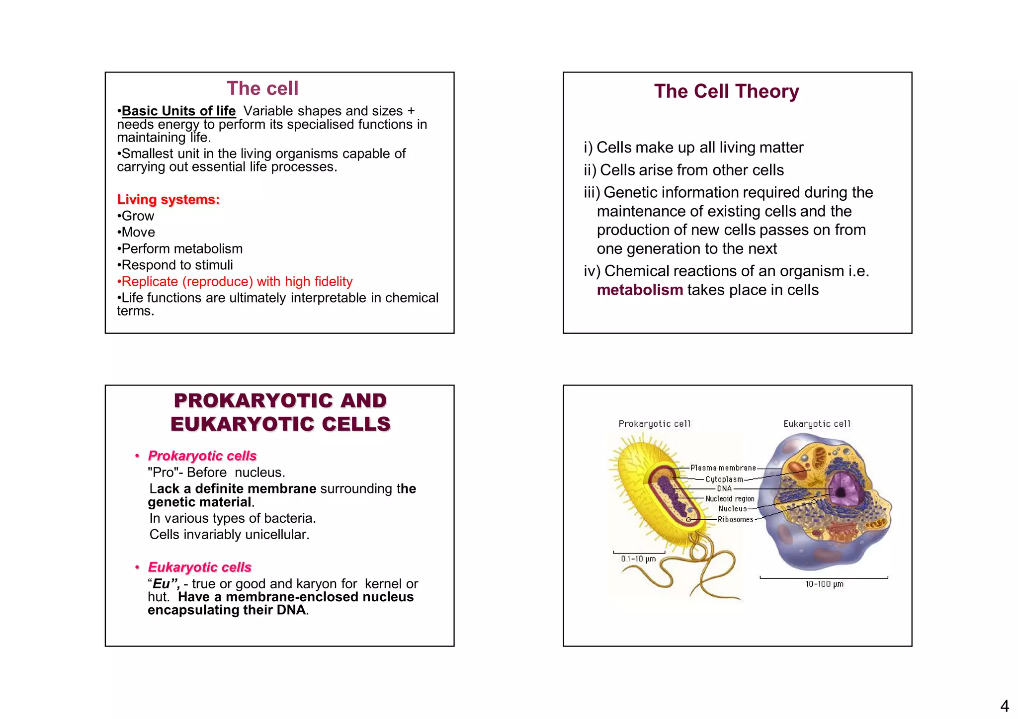 4
The cell
•Basic Units of life Variable shapes and sizes +
needs energy to perform its specialised functions in
maintaining life.
•Smallest unit in the living organisms capable of
carrying out essential life processes.
Living systems:
•Grow
•Move
•Perform metabolism
•Respond to stimuli
•Replicate (reproduce) with high fidelity
•Life functions are ultimately interpretable in chemical
terms.
The Cell Theory
i) Cells make up all living matter
ii) Cells arise from other cells
iii) Genetic information required during the
maintenance of existing cells and the
production of new cells passes on from
one generation to the next
iv) Chemical reactions of an organism i.e.
metabolism takes place in cells
PROKARYOTIC AND
EUKARYOTIC CELLS
• Prokaryotic cells
"Pro"- Before nucleus.
Lack a definite membrane surrounding the
genetic material.
In various types of bacteria.
Cells invariably unicellular.
• Eukaryotic cells
“Eu”, - true or good and karyon for kernel or
hut. Have a membrane-enclosed nucleus
encapsulating their DNA.
 