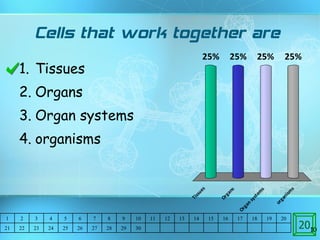 Cells that work together are Tissues  Organs Organ systems organisms 20 1 2 3 4 5 6 7 8 9 10 11 12 13 14 15 16 17 18 19 20 21 22 23 24 25 26 27 28 29 30 