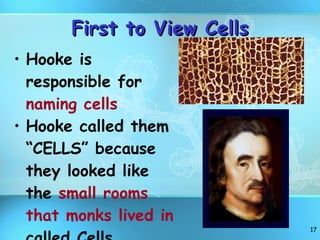 First to View Cells Hooke is responsible for  naming cells Hooke called them “CELLS” because they looked like the  small rooms that monks lived in  called Cells   