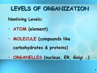 LEVELS OF ORGANIZATION Nonliving Levels: ATOM  (element) MOLECULE  (compounds like carbohydrates & proteins) ORGANELLES  (nucleus, ER, Golgi …) 