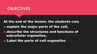OBJECTIVES:
At the end of the lesson, the students can;
a.explain the major parts of the cell,
b.describe the structures and functions of
subcellular organelles,
c.Label the parts of cell organelles.
 