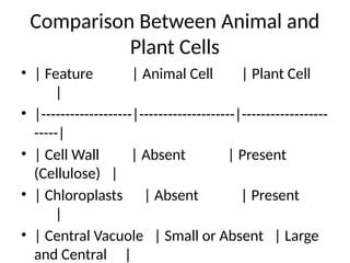 Comparison Between Animal and
Plant Cells
• | Feature | Animal Cell | Plant Cell
|
• |-------------------|--------------------|------------------
-----|
• | Cell Wall | Absent | Present
(Cellulose) |
• | Chloroplasts | Absent | Present
|
• | Central Vacuole | Small or Absent | Large
and Central |
 