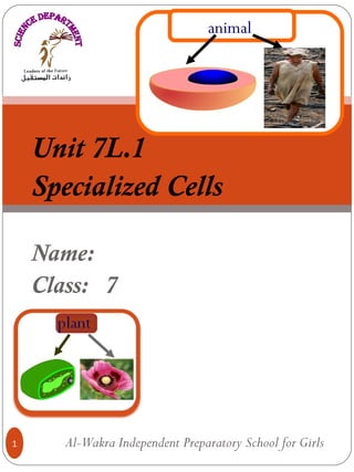 Unit 7L.1
Specialized Cells
Name:
Class: 7
animal
1 Al-Wakra Independent Preparatory School for Girls
 