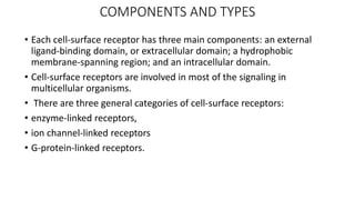 COMPONENTS AND TYPES
• Each cell-surface receptor has three main components: an external
ligand-binding domain, or extracellular domain; a hydrophobic
membrane-spanning region; and an intracellular domain.
• Cell-surface receptors are involved in most of the signaling in
multicellular organisms.
• There are three general categories of cell-surface receptors:
• enzyme-linked receptors,
• ion channel-linked receptors
• G-protein-linked receptors.
 