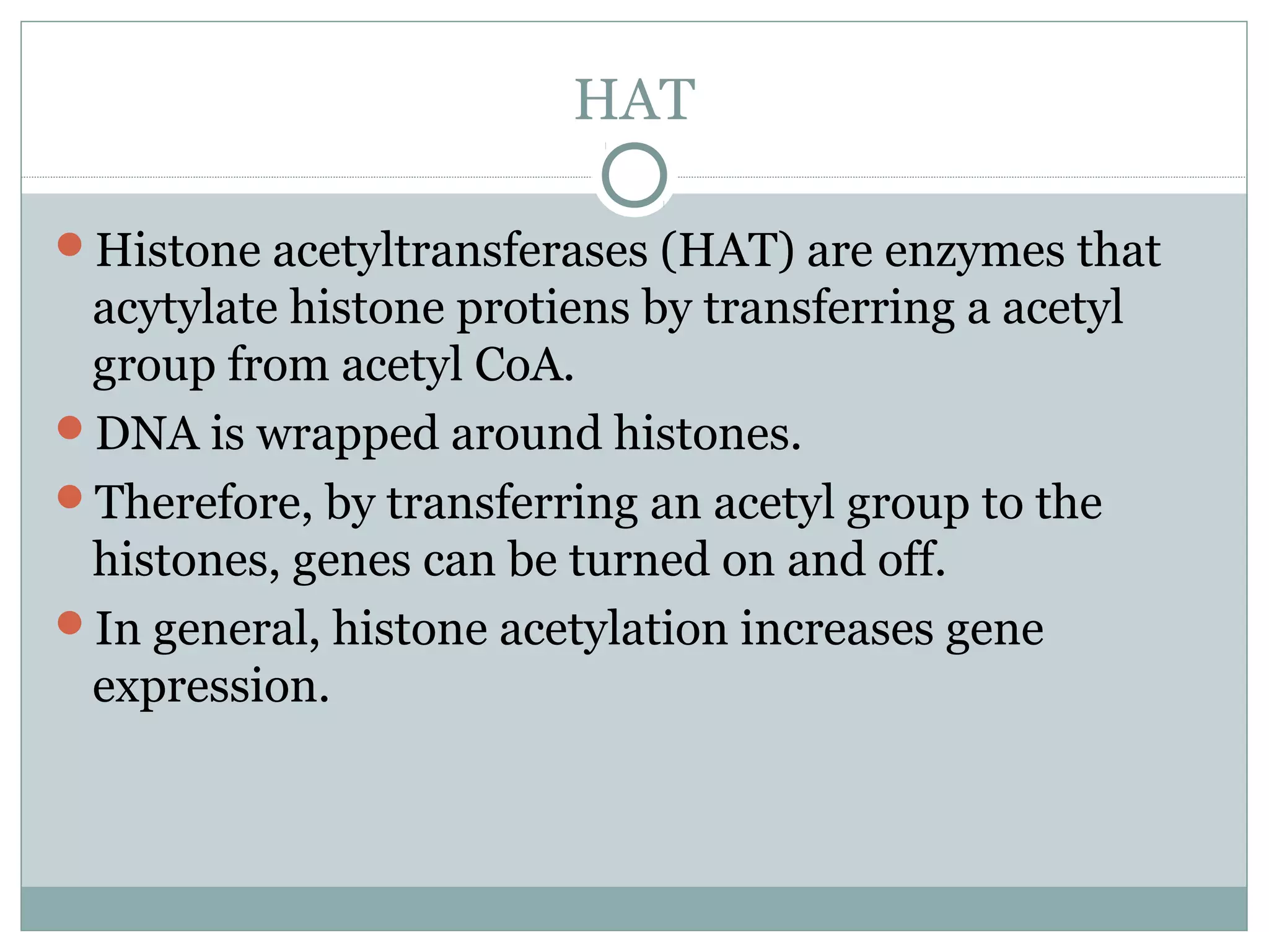 HAT
Histone acetyltransferases (HAT) are enzymes that
acytylate histone protiens by transferring a acetyl
group from acetyl CoA.
DNA is wrapped around histones.
Therefore, by transferring an acetyl group to the
histones, genes can be turned on and off.
In general, histone acetylation increases gene
expression.
 