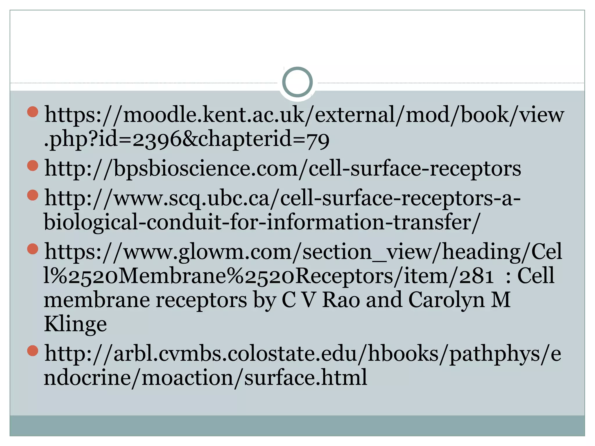 https://moodle.kent.ac.uk/external/mod/book/view
.php?id=2396&chapterid=79
http://bpsbioscience.com/cell-surface-receptors
http://www.scq.ubc.ca/cell-surface-receptors-a-
biological-conduit-for-information-transfer/
https://www.glowm.com/section_view/heading/Cel
l%2520Membrane%2520Receptors/item/281 : Cell
membrane receptors by C V Rao and Carolyn M
Klinge
http://arbl.cvmbs.colostate.edu/hbooks/pathphys/e
ndocrine/moaction/surface.html
 